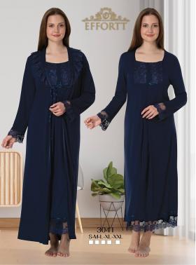 Effortt 3041 LACİVERT Dantelli Sabahlıklı Lohusa Gecelik Takımı